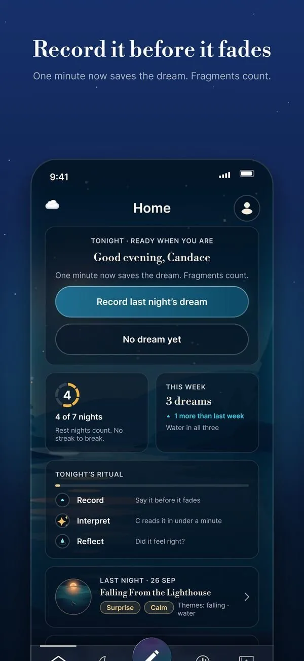 New Home screen: Record last night’s dream