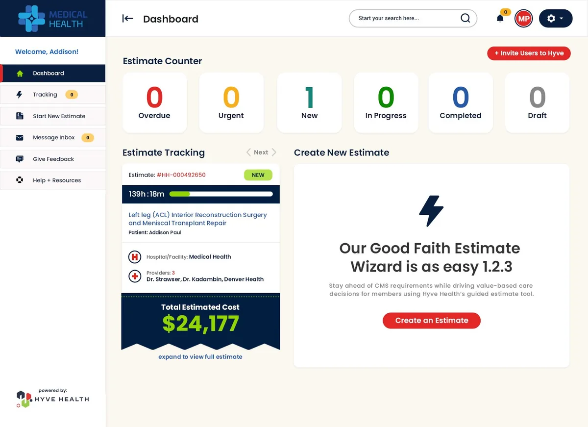 Patient dashboard showing one new estimate with procedure, facility, providers and total estimated cost of $24,177