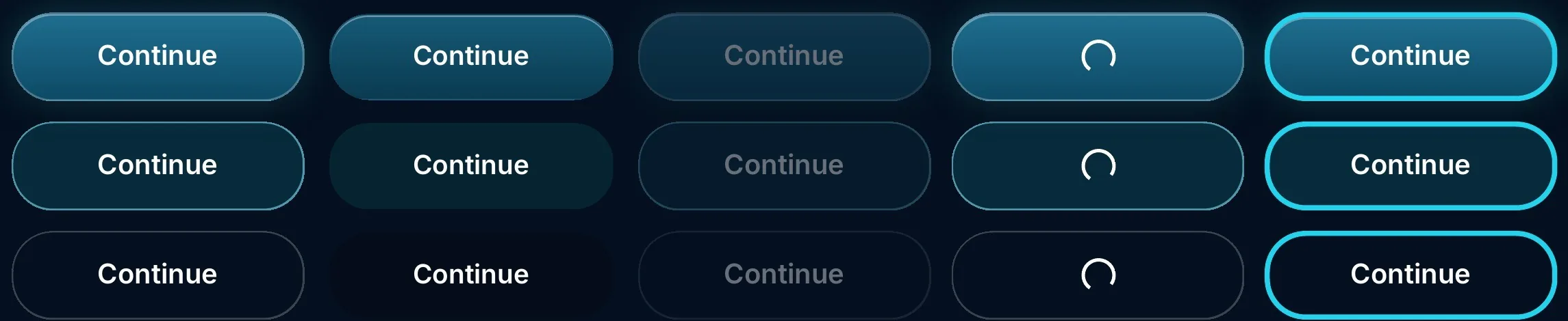 Button variants: primary, tint and glass, each with default, pressed, disabled, loading and focused states