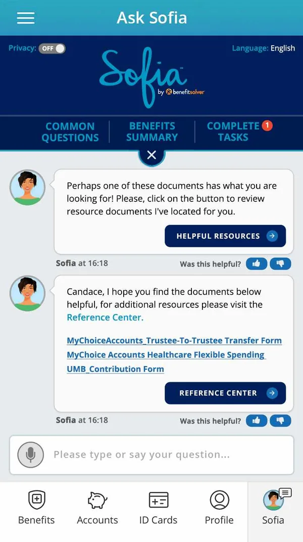 Sofia chat answer with helpful resources and links to the reference center