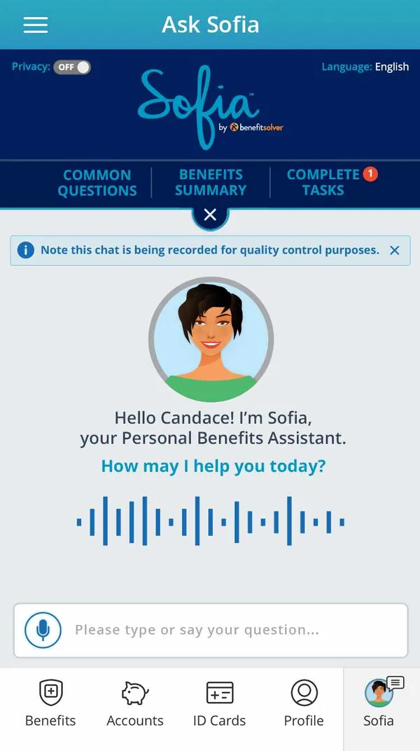 Sofia voice mode with a live waveform: How may I help you today?