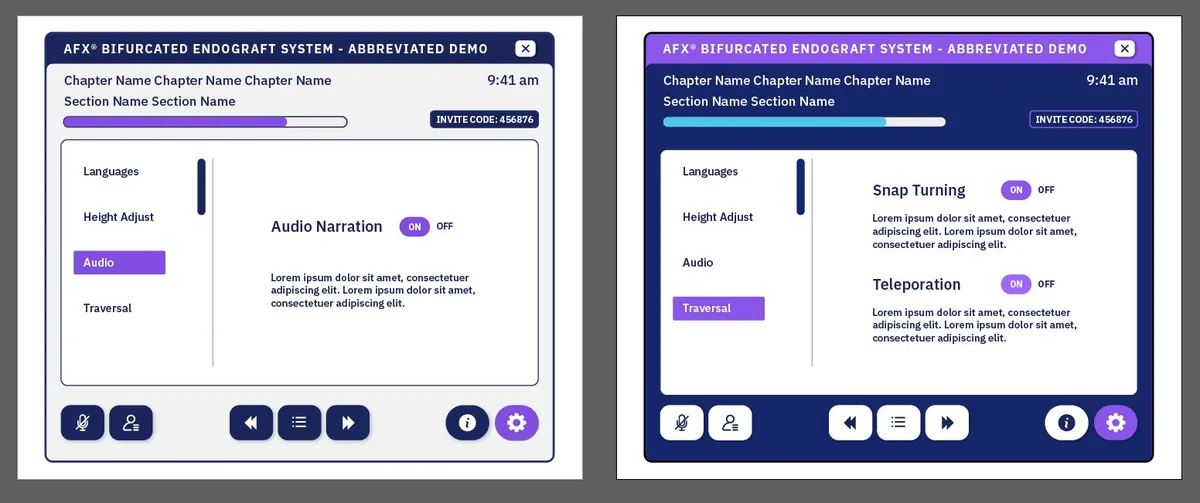 In-headset settings panels in light and dark themes, showing Audio Narration, Snap Turning and Teleportation toggles
