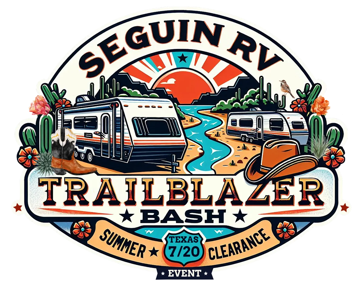 Seguin RV Trailblazer Bash summer clearance event badge with RVs, a river, cactus, a cowboy hat and boots