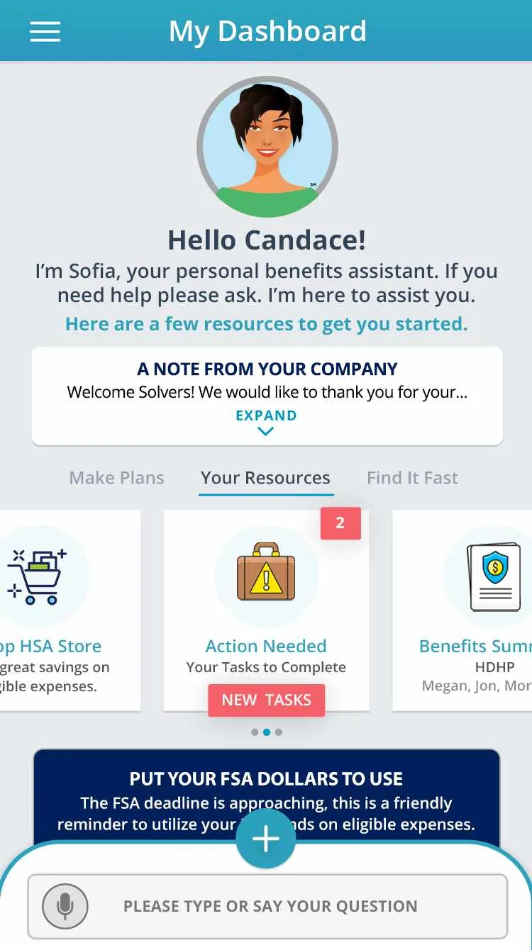 MyChoice Mobile dashboard with Sofia’s greeting, a note from the company and resource cards