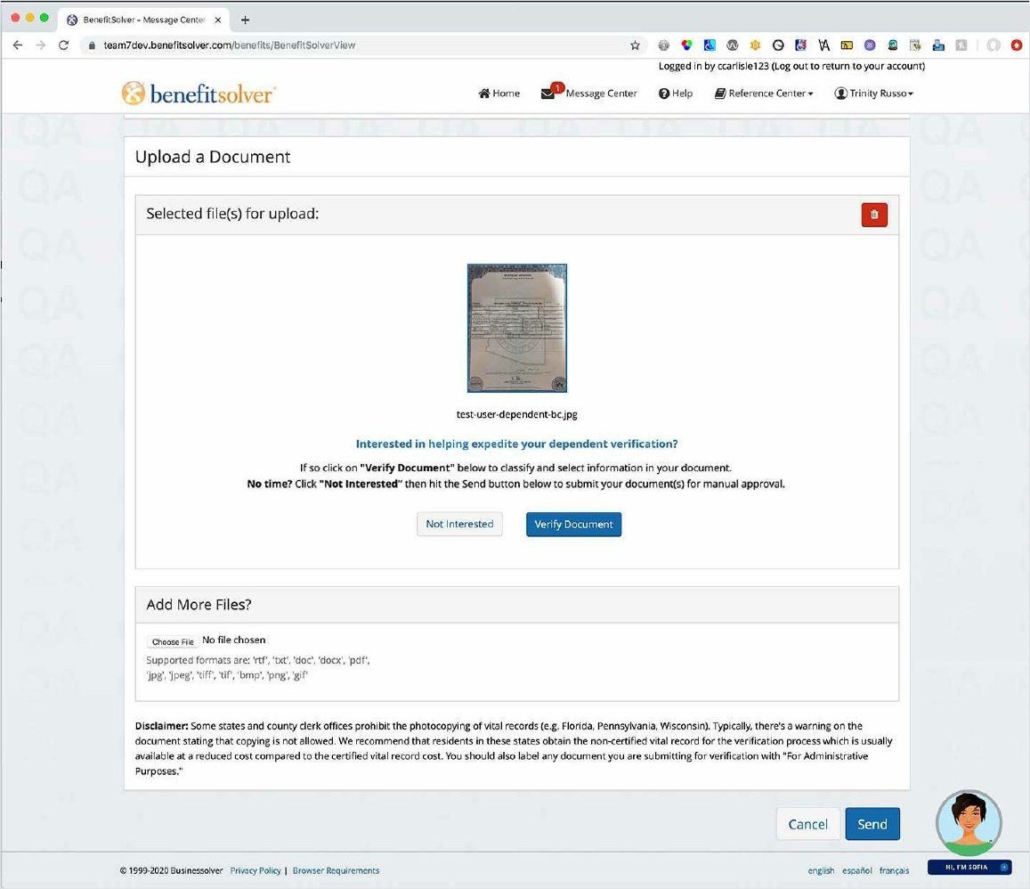 SADV upload screen with a selected document and Verify Document button