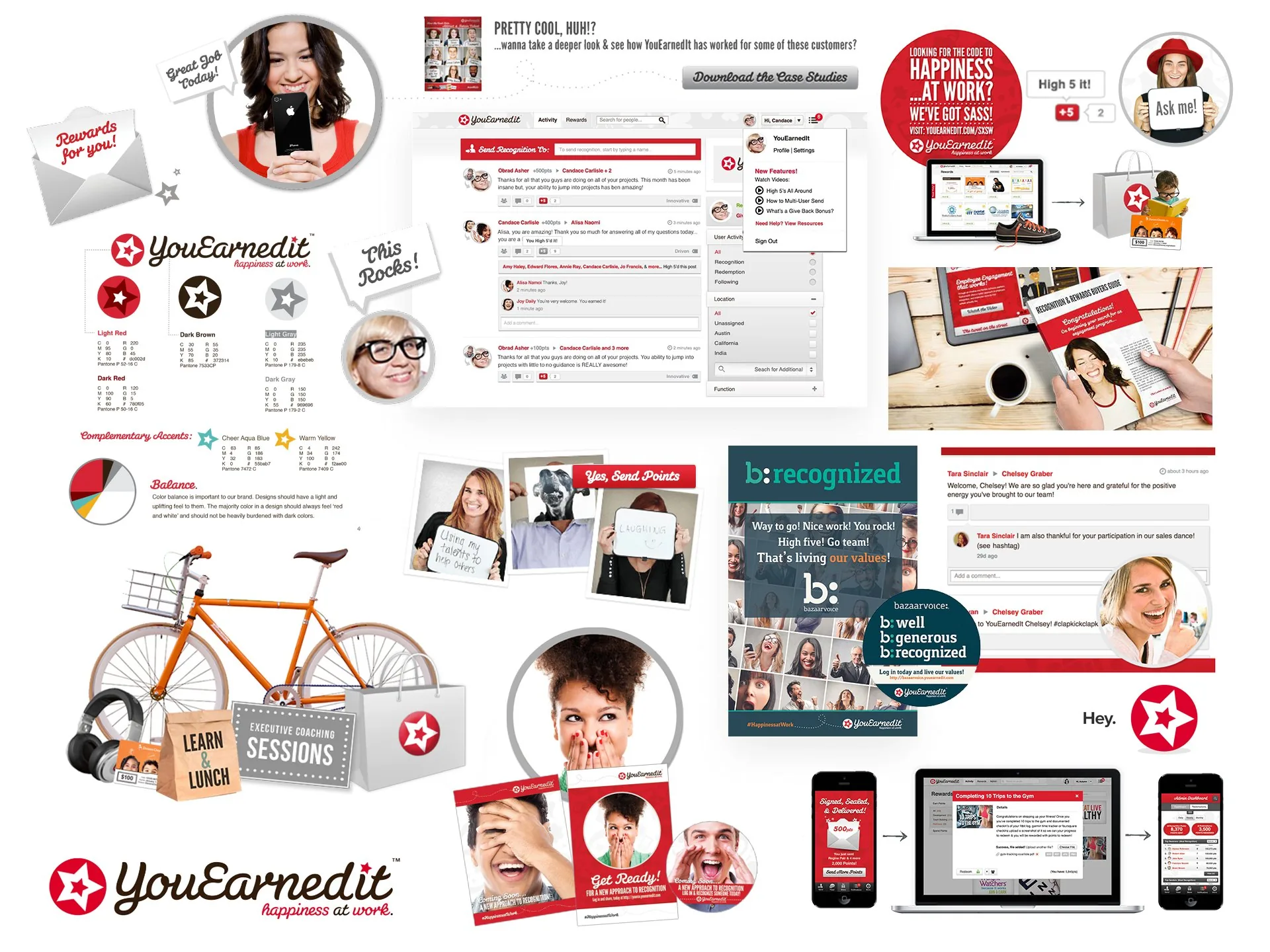 YouEarnedIt brand system overview: product screens, campaigns, swag and collateral