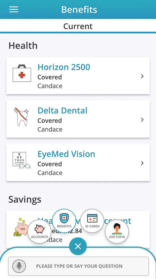 Benefits screen listing current health coverage and savings accounts