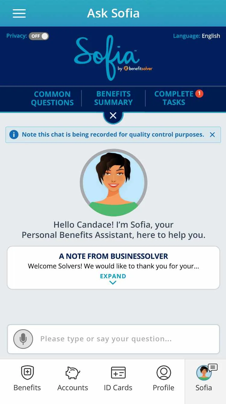 Ask Sofia start screen: Sofia greets the member by name, with common questions, benefits summary and complete tasks tabs
