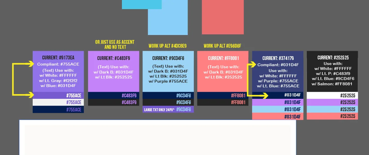 WCAG-compliant brand color study showing current colors, compliant alternatives and approved text pairings