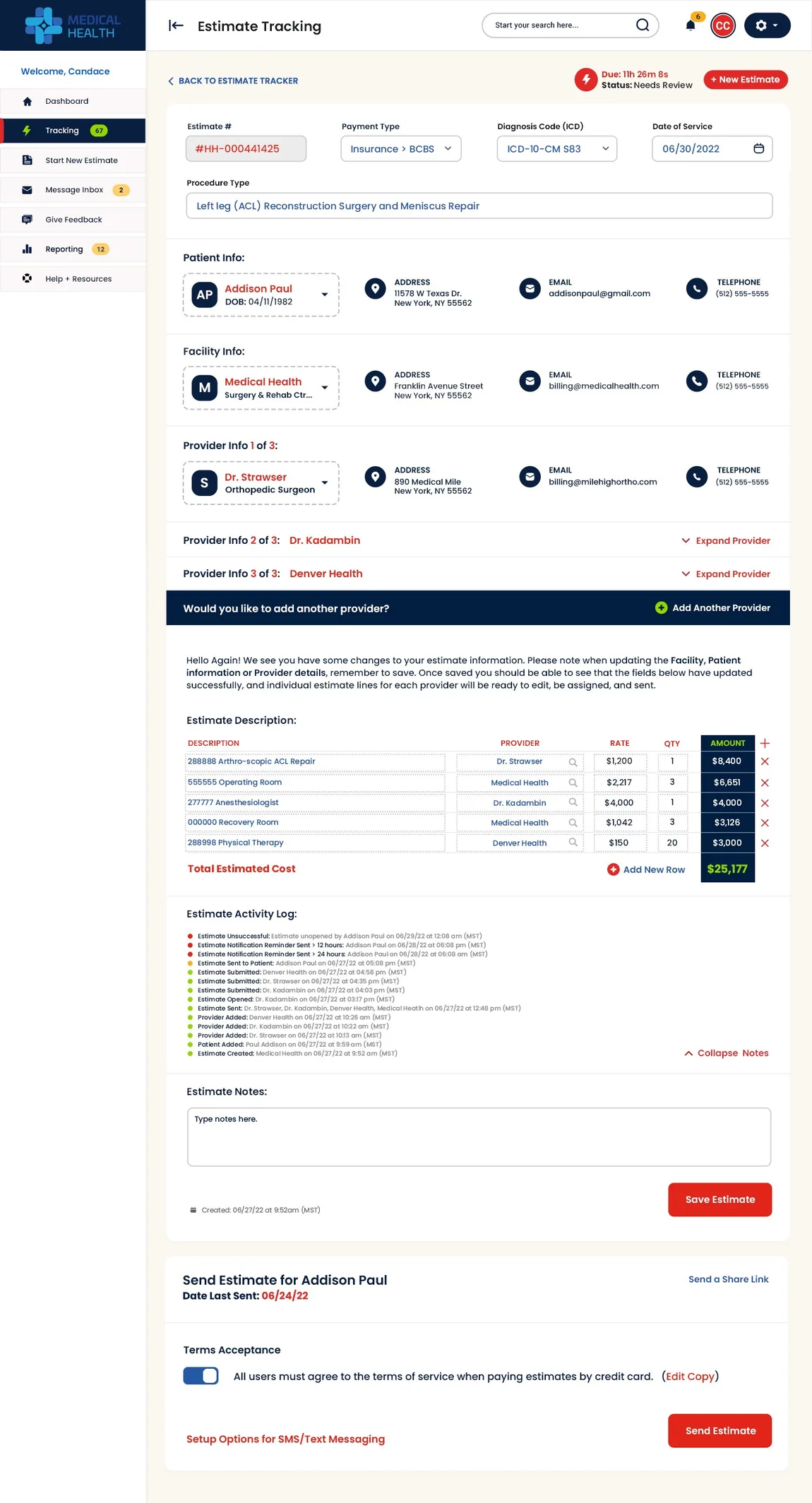Full estimate tracking page with patient, facility and provider info, estimate line items totaling $25,177, activity log and send options