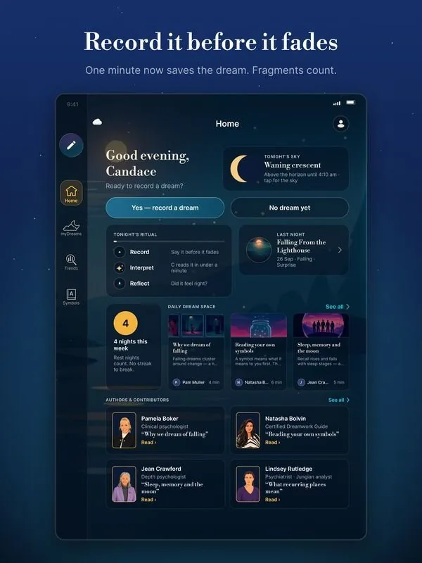 The tablet layout showing tonight’s ritual, patterns and expert articles