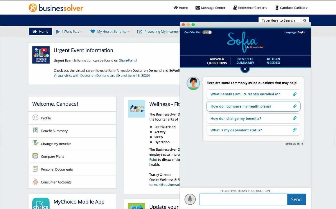 Sofia opening inside the Businessolver member portal with suggested questions