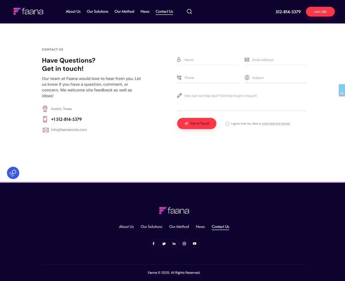 FAANA Contact page with form