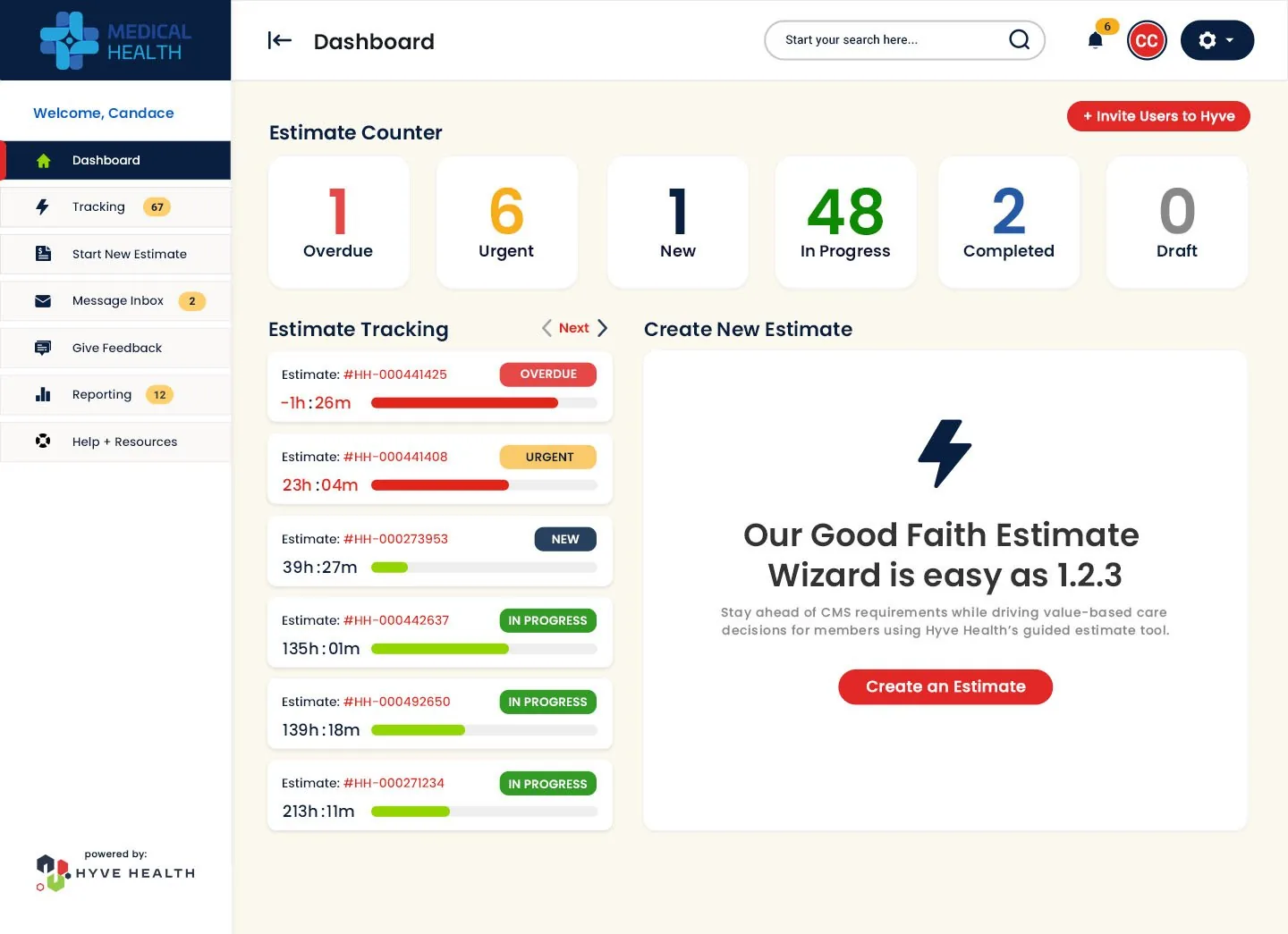 HyveHealth provider dashboard: estimate counter with overdue, urgent, new, in-progress, completed and draft counts, estimate tracking timers and Create an Estimate