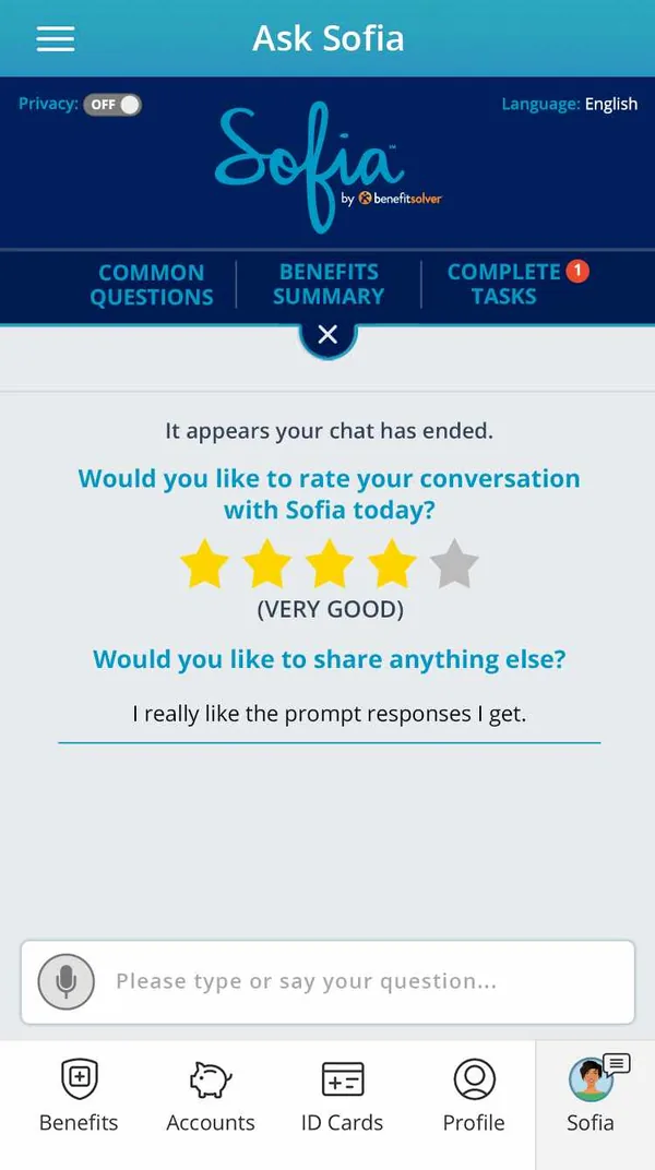 End of chat: rate your conversation with Sofia with stars and a comment