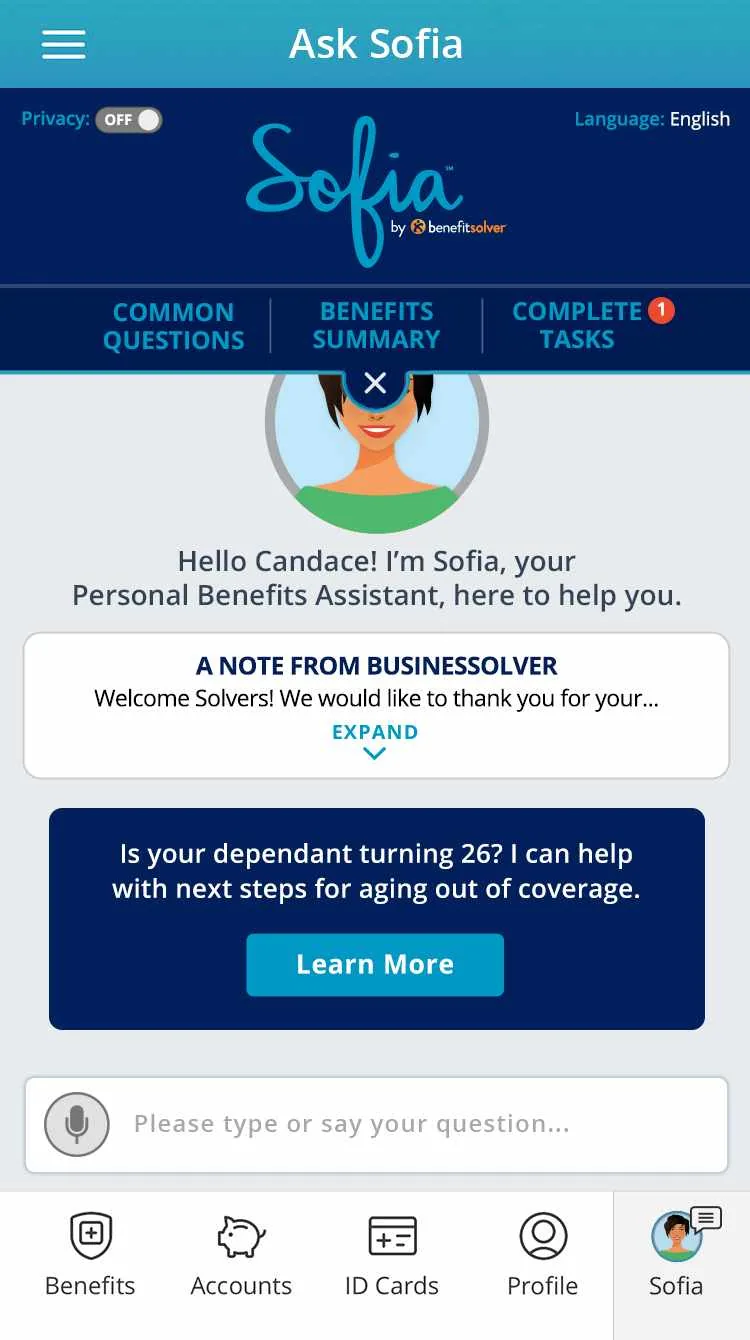 Passive engagement card in Ask Sofia: a dependent turning 26 can get help with next steps