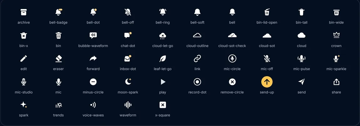 The myDream icon set on a 24-point grid: bells, clouds, mic, moon, share, trends and more