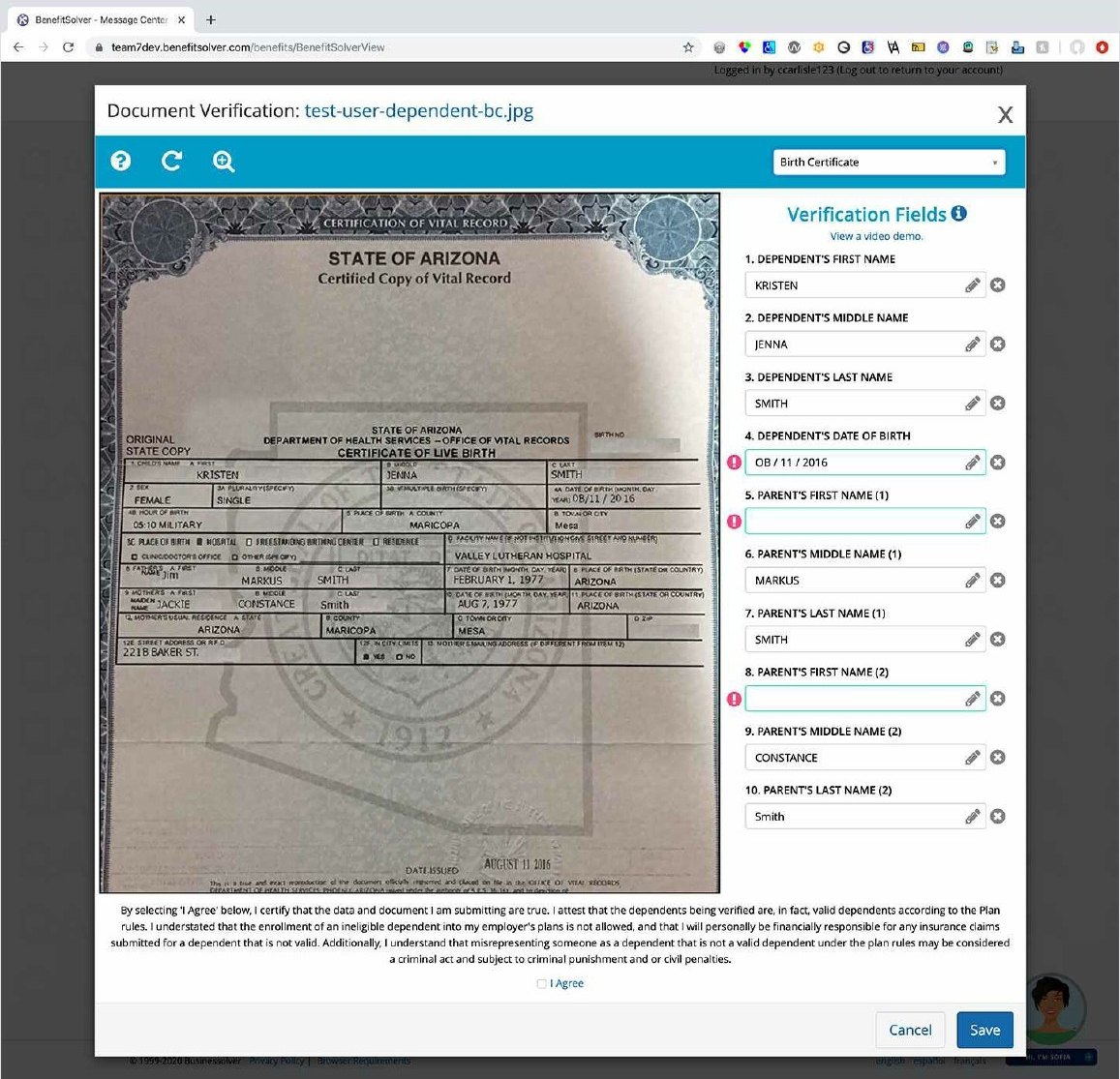 Member Driven Labeler showing a birth certificate beside structured verification fields