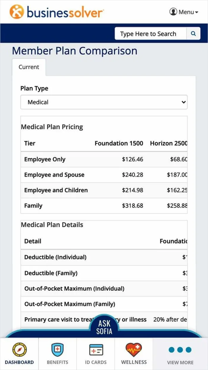 Member Plan Comparison on mobile