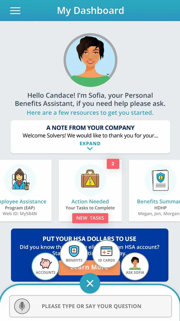 Dashboard with the radial quick menu open: accounts, benefits, ID cards and Ask Sofia
