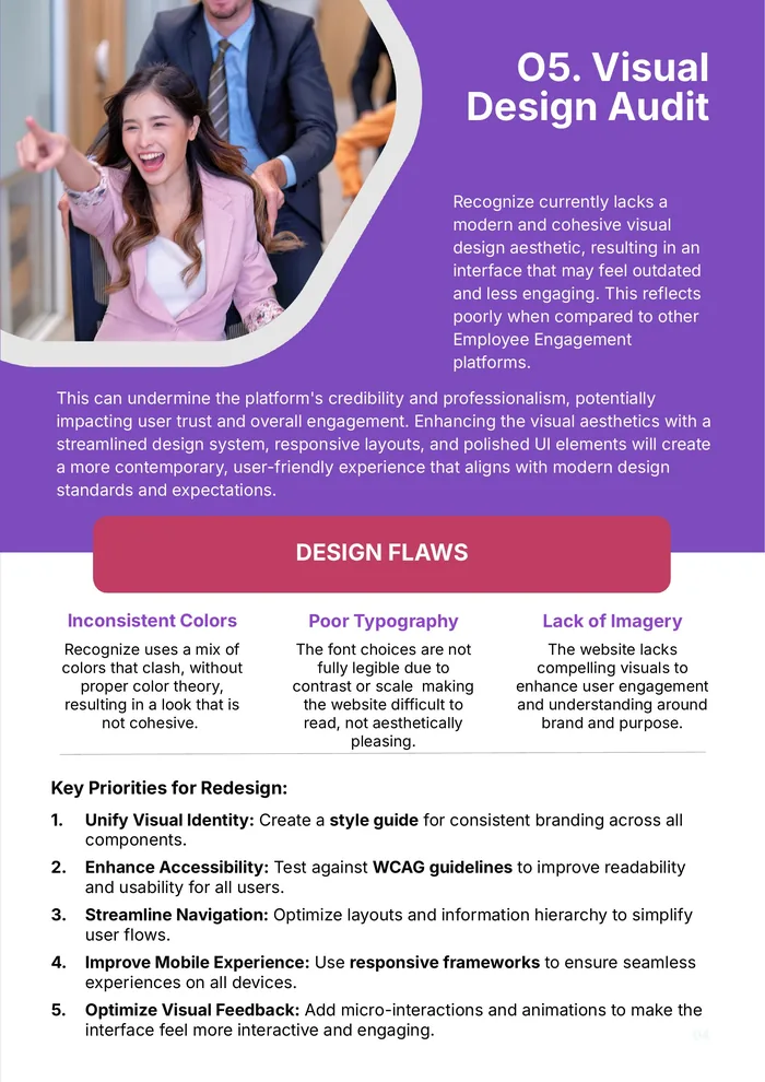 Visual design audit page with design flaws: inconsistent colors, poor typography and lack of imagery