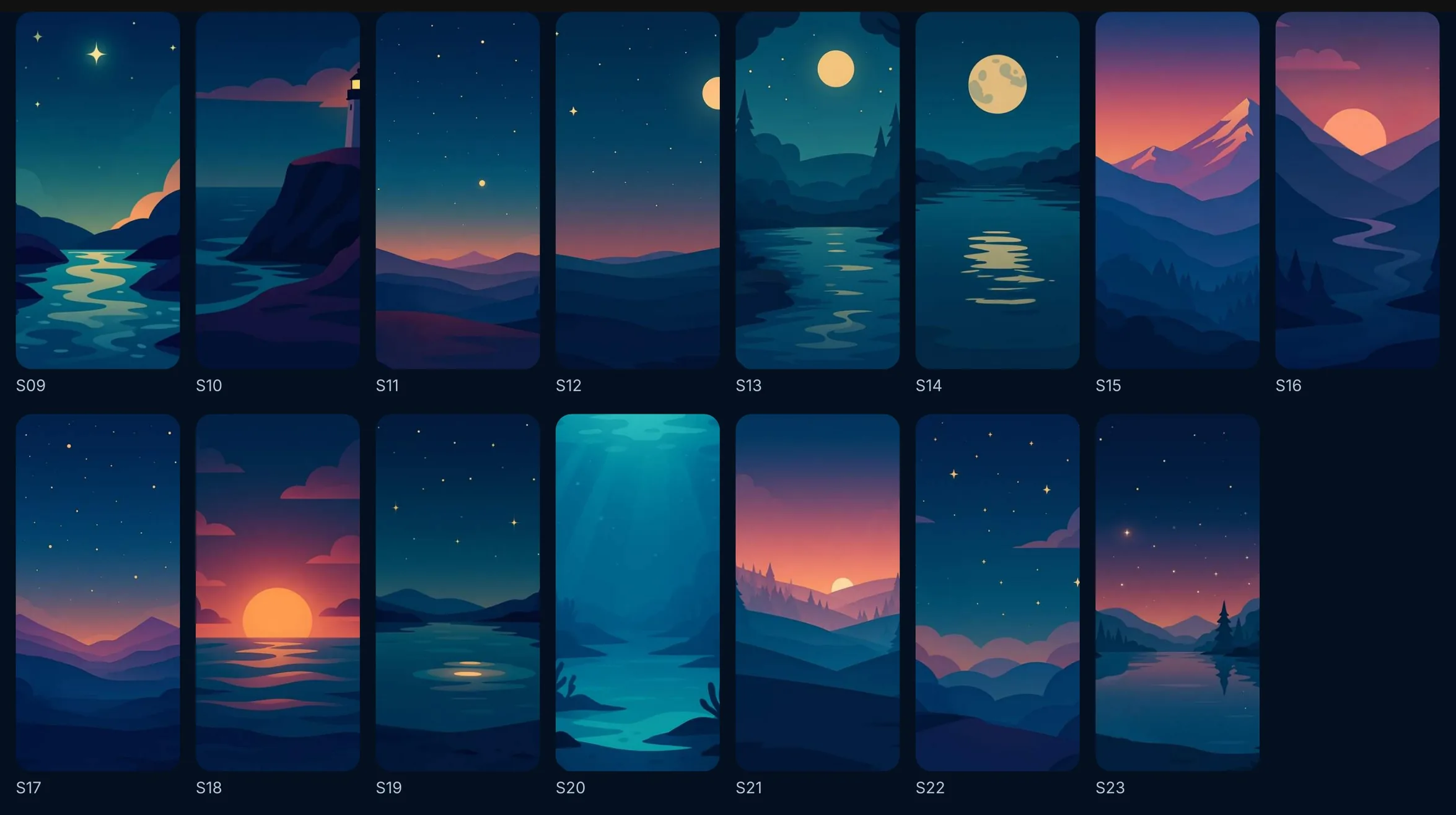 Thumbnails of the illustrated night-scene backgrounds S09 to S23